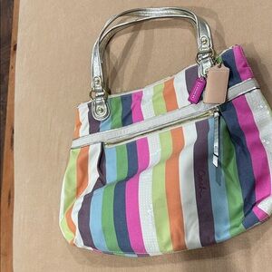 Coach Multicolor Striped Shoulder Bag with Silver Accents